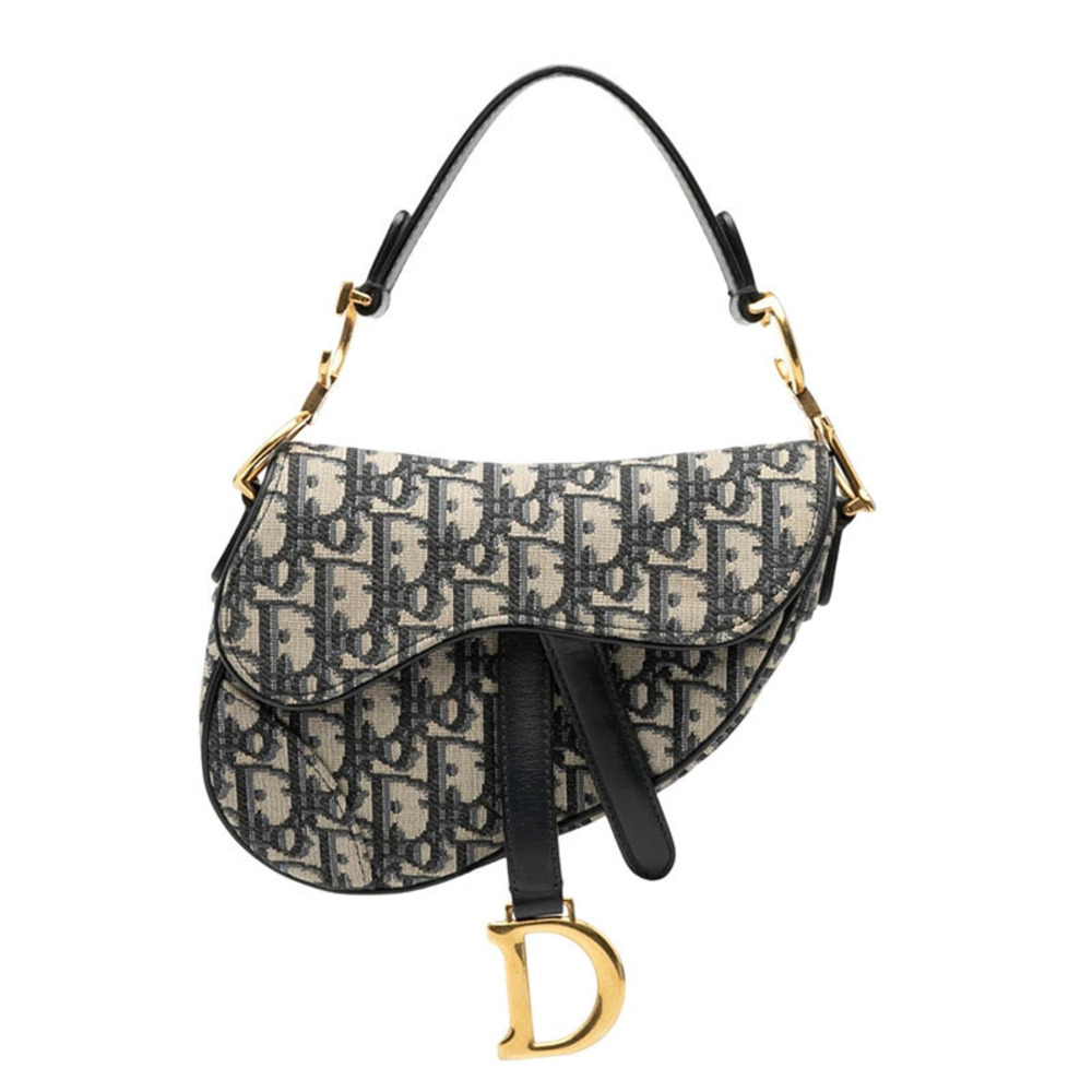 Christian Dior Oblique Saddle Bag Handbag Hobo Navy Blue Beige Cream Canvas
